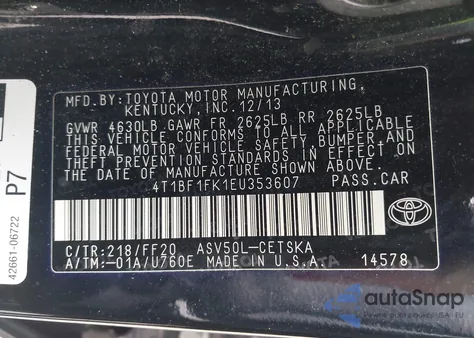 2014 Toyota Camry Se from USA, damaged, VIN 4T1BF1FK1EU353607
